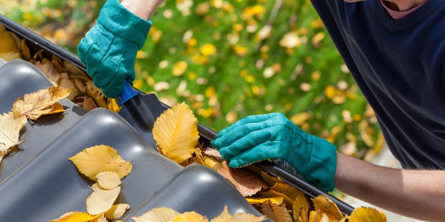 Person cleaning gutters